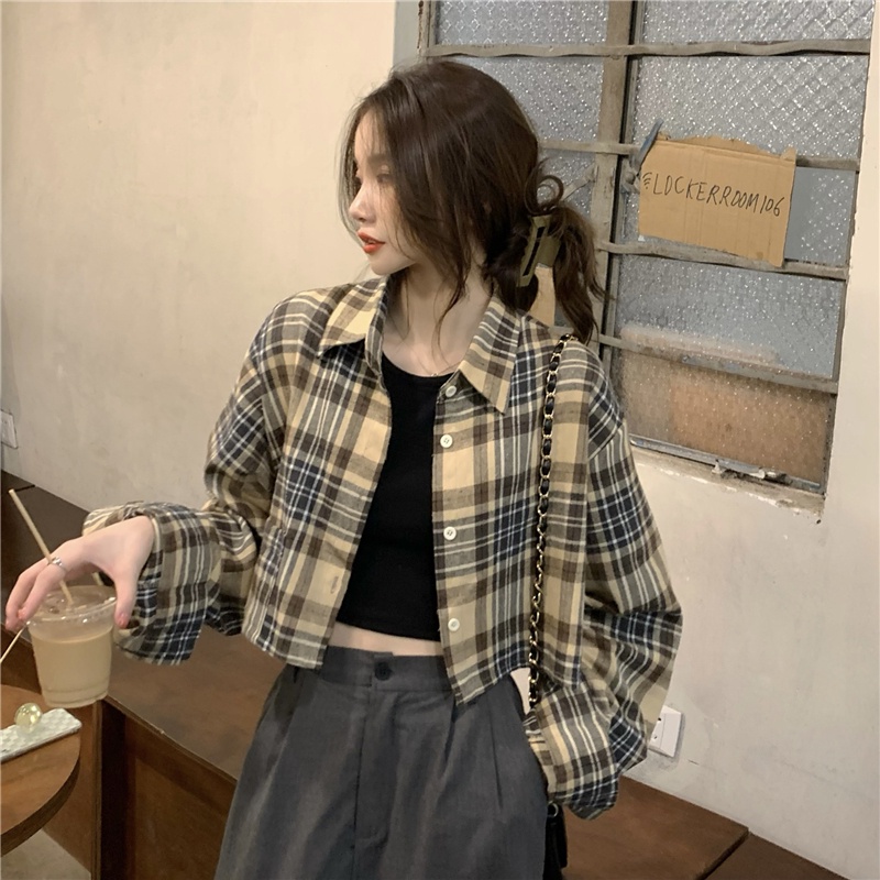 Blouse Wanita Crop Top Import Korean Style Kemeja Kotak Kotak Casual Atasan Lengan Panjang Terbaru Shirt Baju Atasan