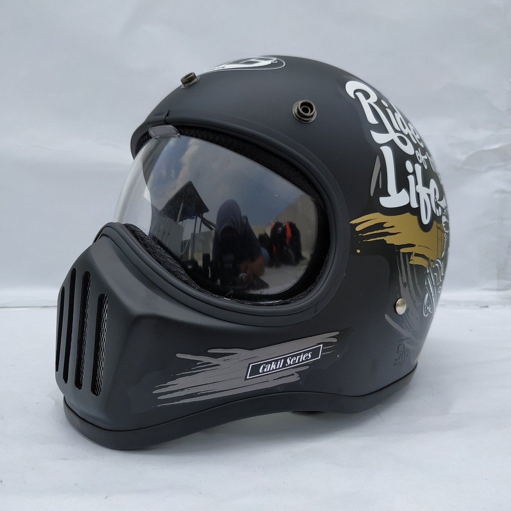 Helm Cakil HBC Ride Of life Black + Inner Visor ( Fullface / Retro / Klasik / Vespa )