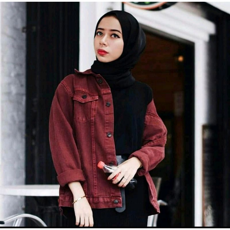 Jaket Jeans Wanita Tebal Merah Maroon M-XXXL.Jacket Denim Perempuan Bandung Project.ID