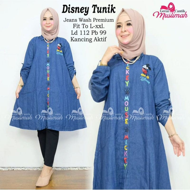 Atasan Tunik Panjang Jeans Denim motif kartun