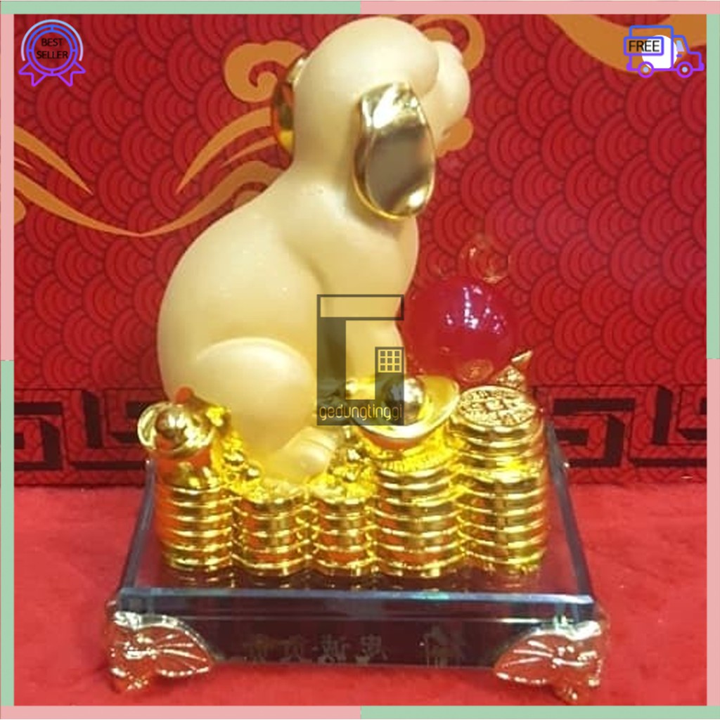 Patung Pajangan Hiasan Imlek Hoki Rejeki Fengshui Lucky 12 Zodiak Shio Anjing Chrome Emas Gold Resin