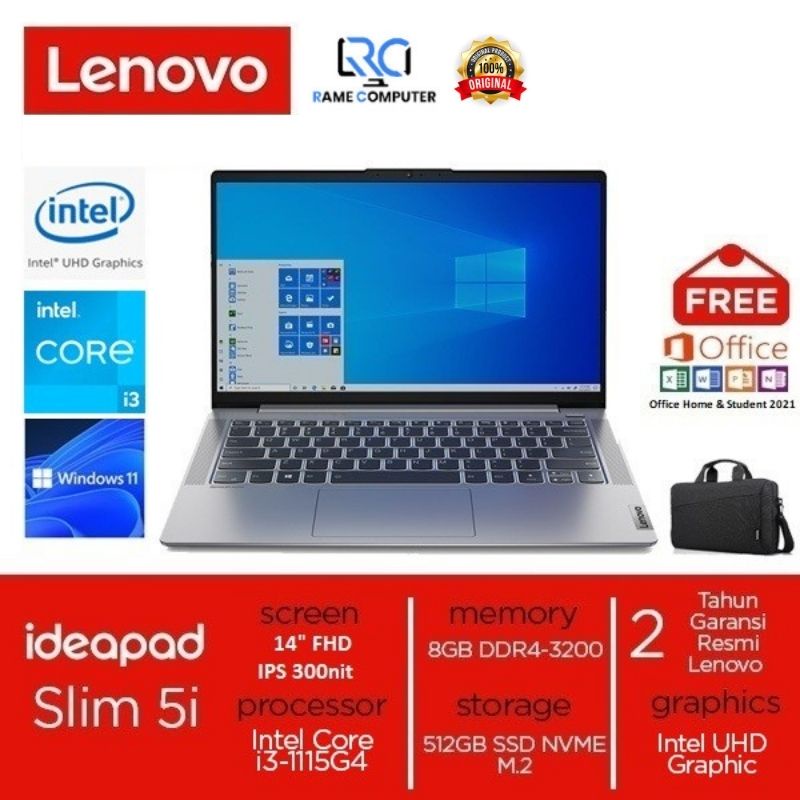 LAPTOP LENOVO IDEAPAD SLIM 5 i3-1115G4 512GB SSD 8GB WIN11 + OHS 2021