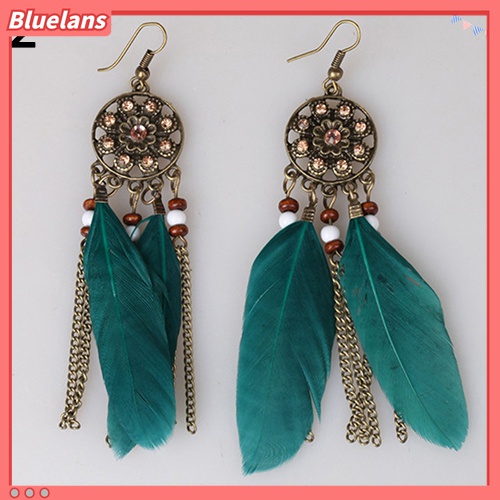 Anting Kait Gantung Panjang Desain Dream Catcher Aksen Rumbai Bulu Gaya Vintage Etnik Bohemia Untuk Wanita