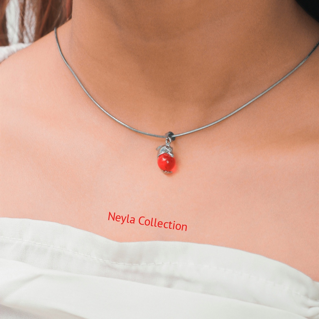 COD - Kalung Titanium Wanita Silver Liontin Giok MerahTerbaru Anti Karat / Luntur