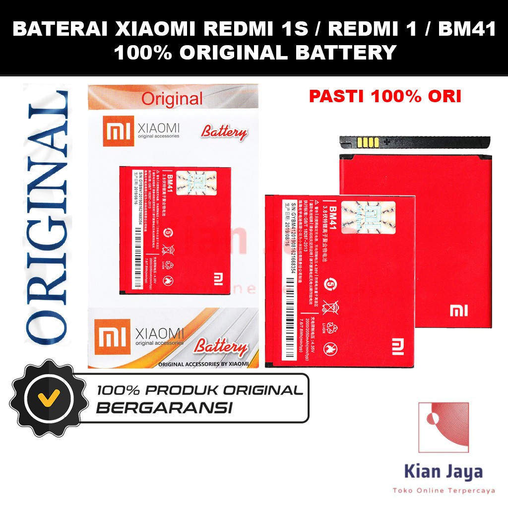 [Garansi 100% Ori] Baterai Xiaomi Redmi 1 / Redmi 1s  BM41 Batre Batrai Battery Hp Xiao Mi Xiomi BM 41 Original