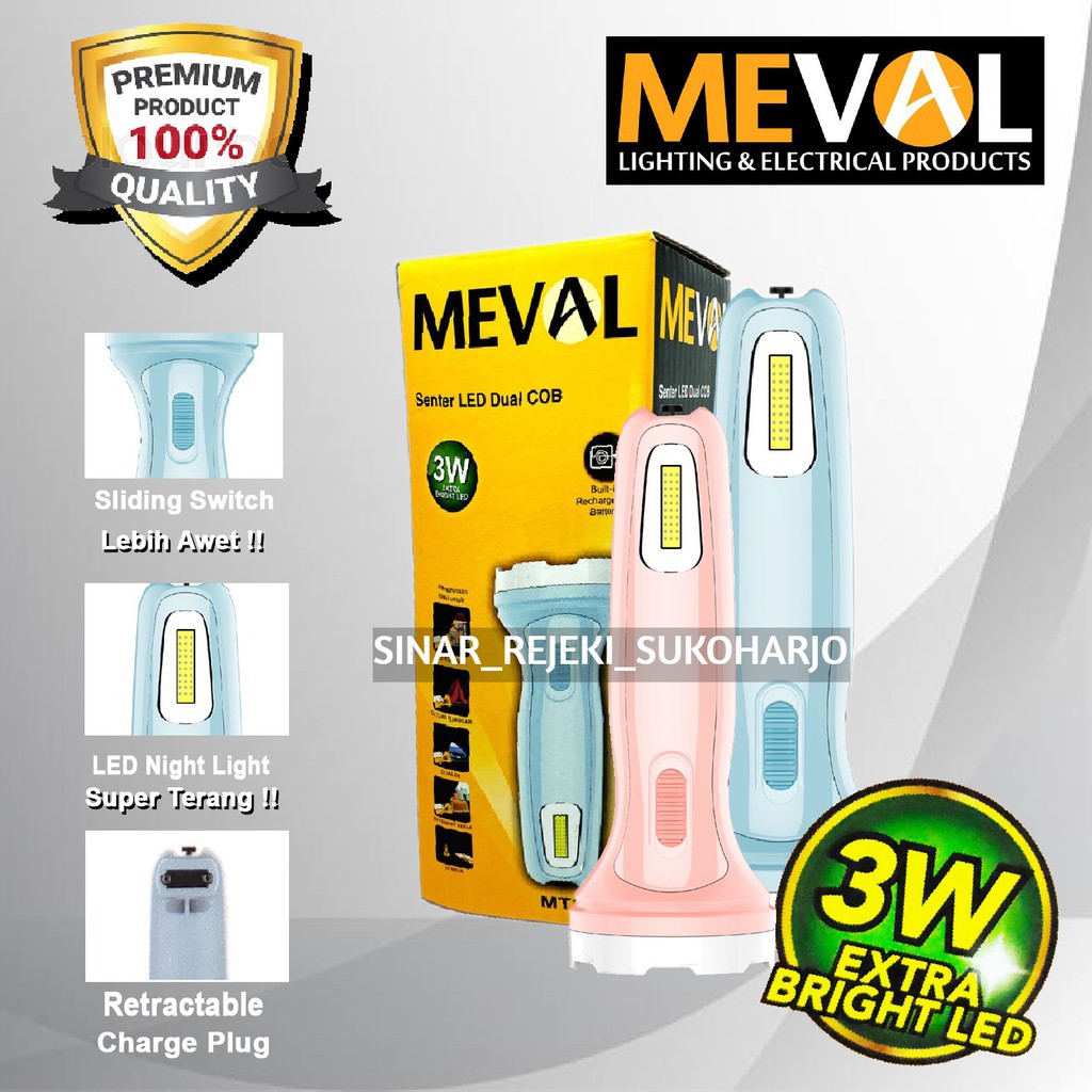 MEVAL Senter Cas Tangan LED Dual COB 3W 5W - Tosca Salmon Charge Baterai Isi Ulang