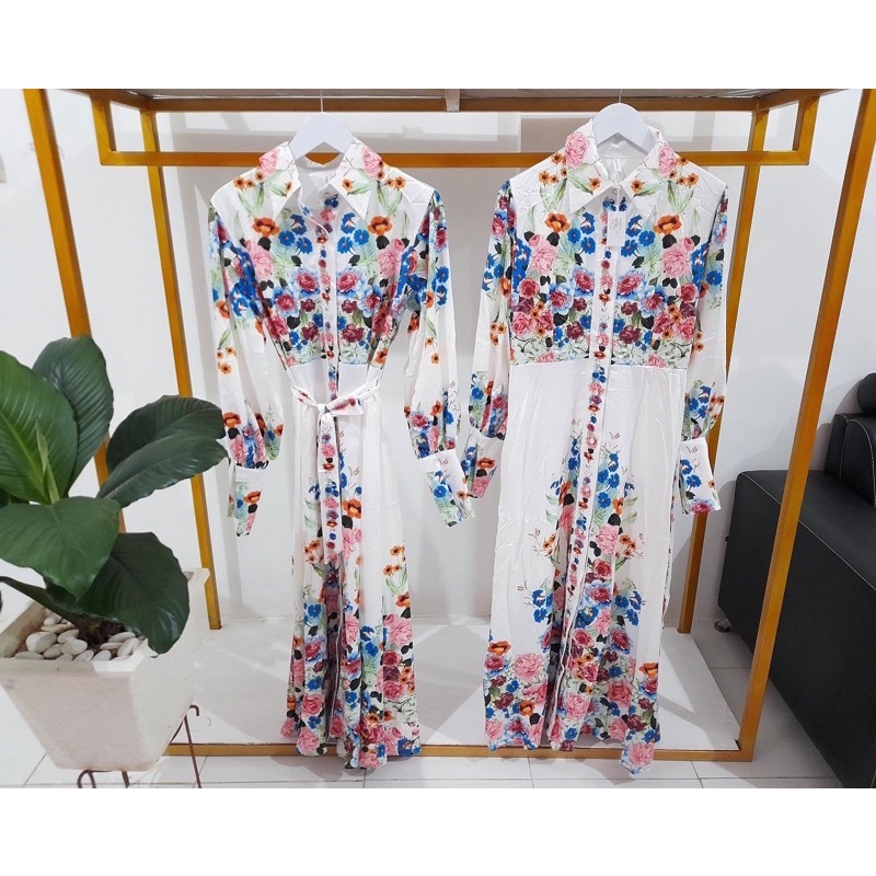 White Maxi Dress Full Flowers Premium Material | Gamis Putih Motif Bunga | Plus Belt
