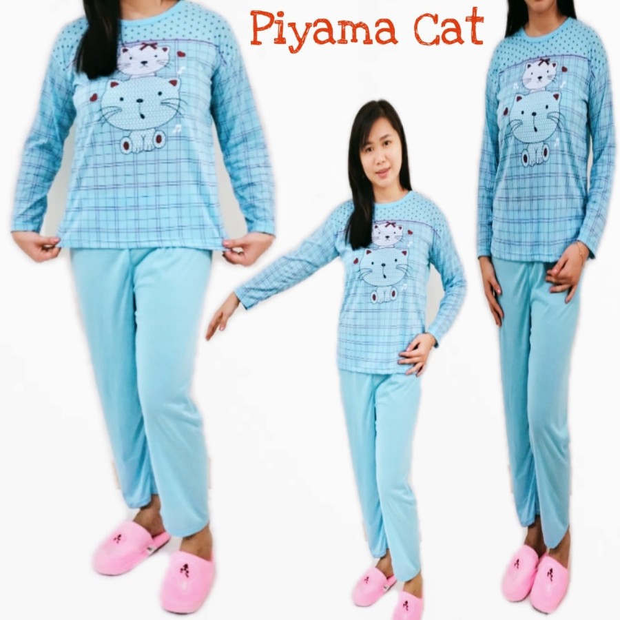 PIYAMA WANITA DEWASA PEREMPUAN PAKAIAN BAJU TIDUR CEWEK MURAH KIMONO REMAJA PIAMA IMPORT-NEW ! CAT BIRU