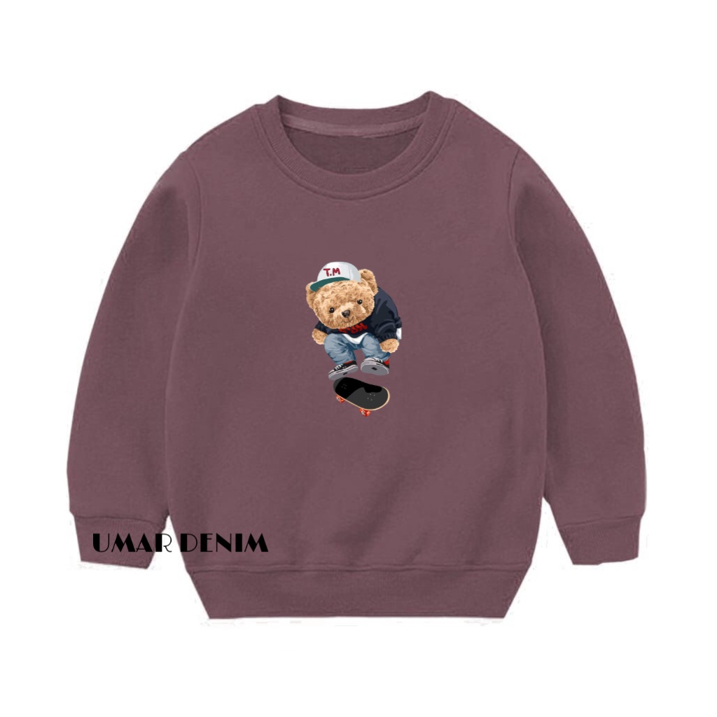 Sweater Crewneck Anak Balita Terbaru Motif T.M Skateboard Bear Bahan Fleece