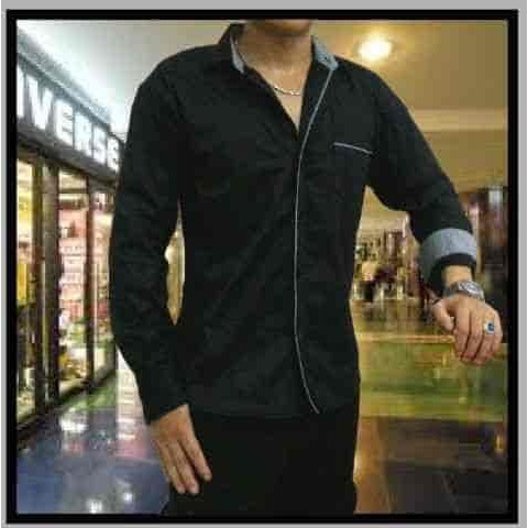 Executive Muda  Kemeja French Black LT  kemeja pria cotton stretch hitam Diskon