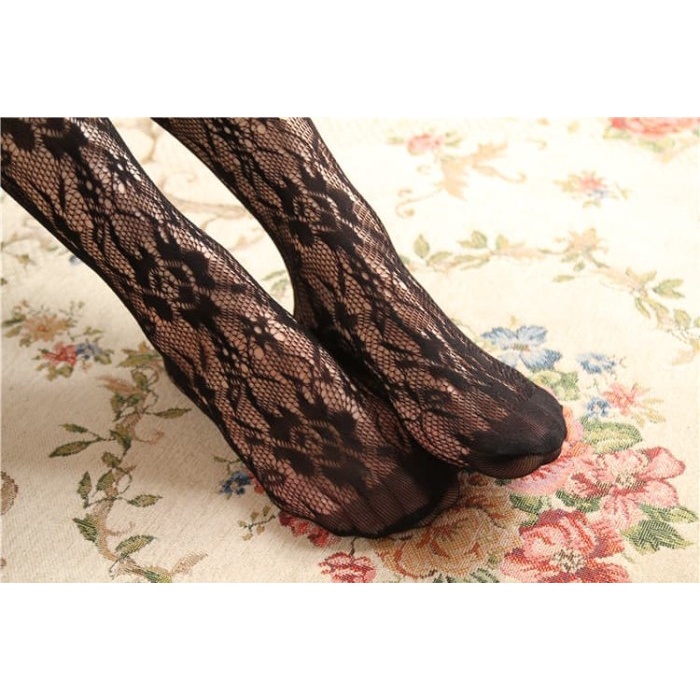 Stocking- Ph-24 Sexy Flower Stocking Pantyhose Motif Bunga Renda Hitam Lolita -Stocking.