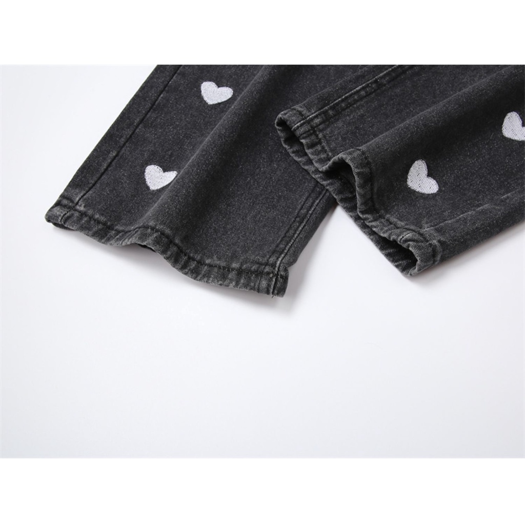 new korean love bordir highwaist celana jeans wanita denim lurus