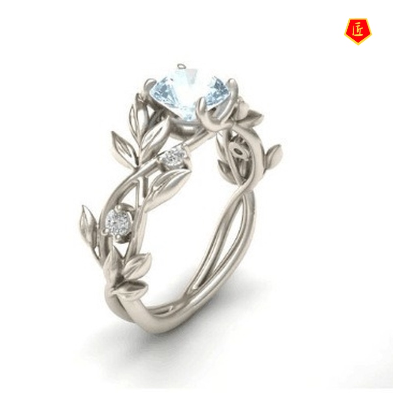 [Ready Stock]Creative Diamond Sapphire Olive Leaf Ring