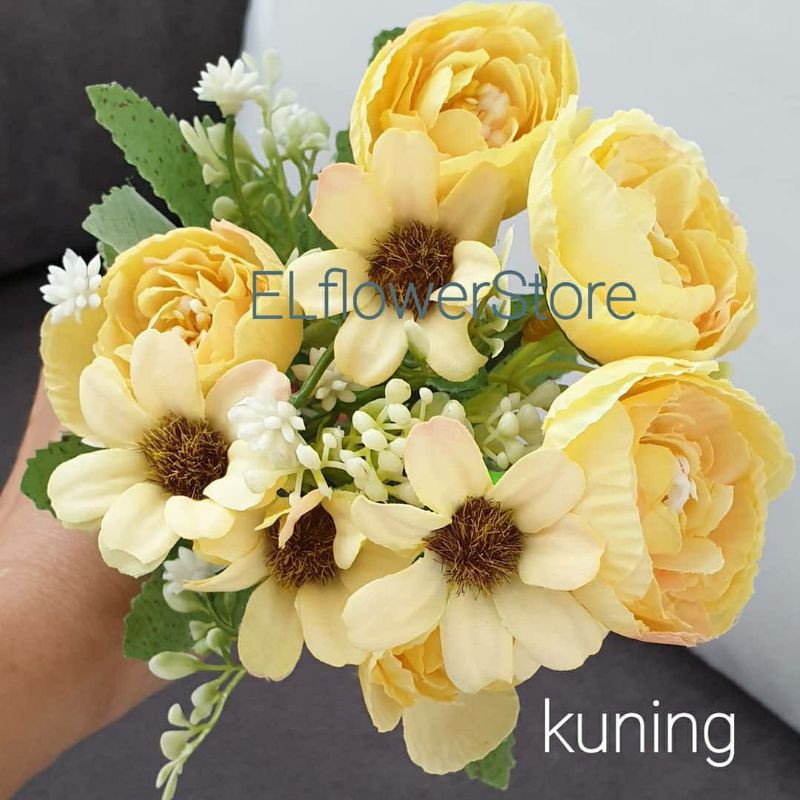 PEONY 5 kuntum + aster 5 kuntum + 5 babybreath BUNGA ARTIFICIAL PALSU Dekorasi-4