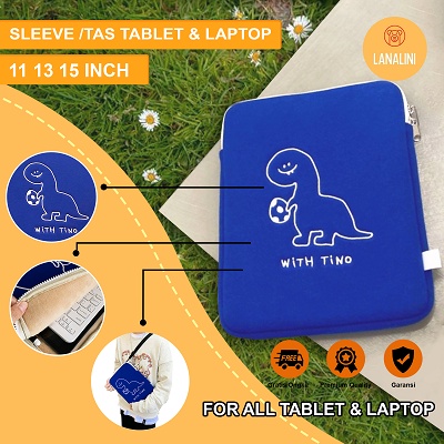 Sleeve Pouch Sarung Tas Bag Case Ipad Tab Tablet Macbook Air Pro Laptop Asus Acer Lenovo HP Huawei 11 12 13 14 15 inch Motif Gambar Dinosaurus Warna Biru Lucu Cute Murah Korean Model