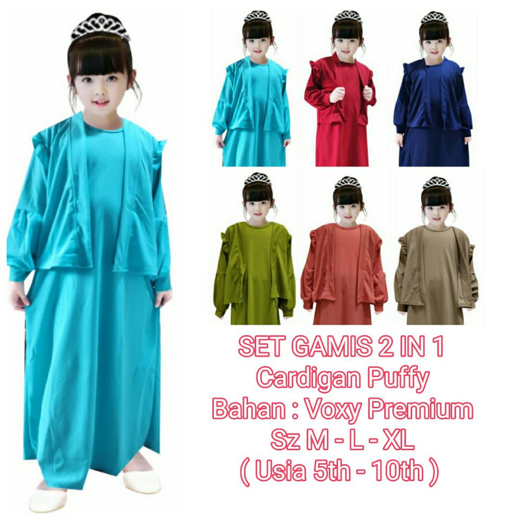 MOMOGI- SET GAMIS ANAK BASIC CARDIGAN PUFFY ( 2 IN 1 ) / Usia 5th-10th