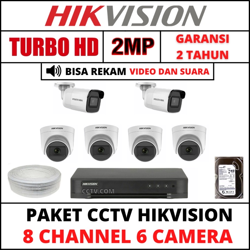 PAKET CCTV HIKVISION 2MP 8 CHANNEL 6 KAMERA 1080P TURBO HD/AUDIO KAMERA CCTV  KOMPLIT TINGGAL PASANG