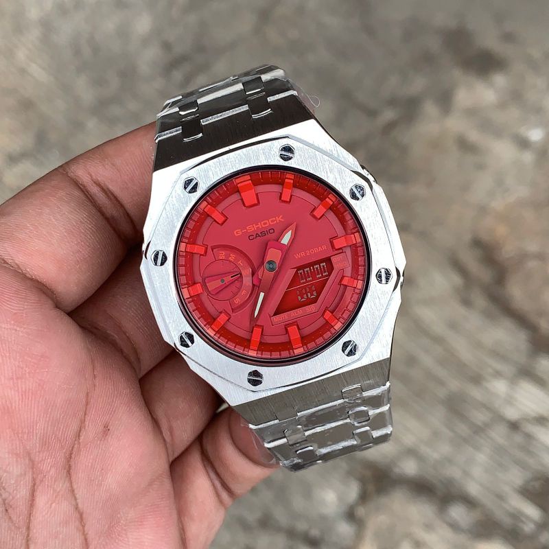 Jam Tangan G-Shock GA2100 GA-2100 Custom Strap dan Bezel Stainless Steel Silver Mesin Merah