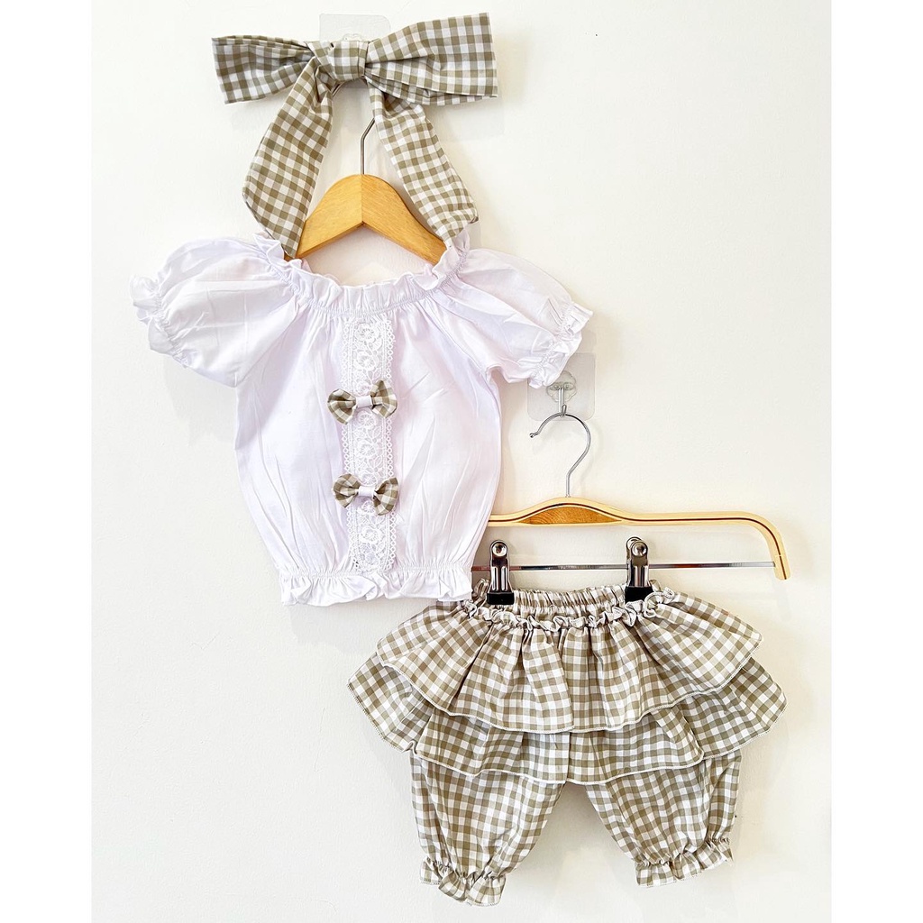 CROP TOP SET MEDINA / SPARKLE UNICORN / Babydoll in Polka bianca baju setelan celana bandana pita ruffle bayi anak perempuan cewek lucu