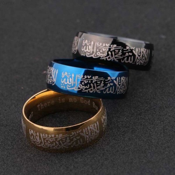 8mm Cincin Tauhid Muslim Pria Wanita Anti Karat Warna Emas Biru Silver Hitam Islami Kaligrafi Hadiah-4