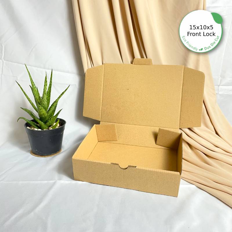 

Dus Packing 15x10x5 Die Cut Front Lock - Karton Box Kardus Eco-Friendly Pizza Kue Hijab Baju Aksesoris