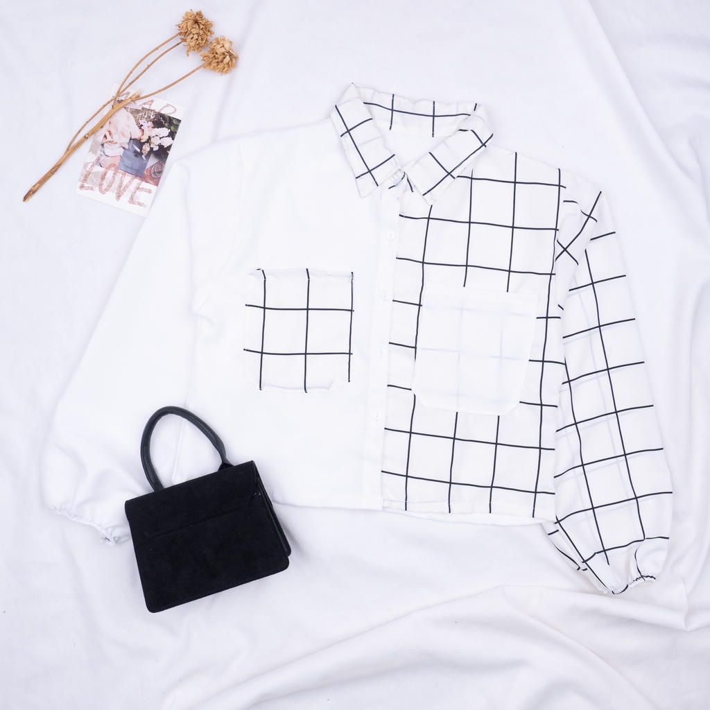 SALE!!! Mika Crop Top / Kemeja Crop Wanita Tartan / Kemeja Two Tone Kotak-MIKA PUTIH