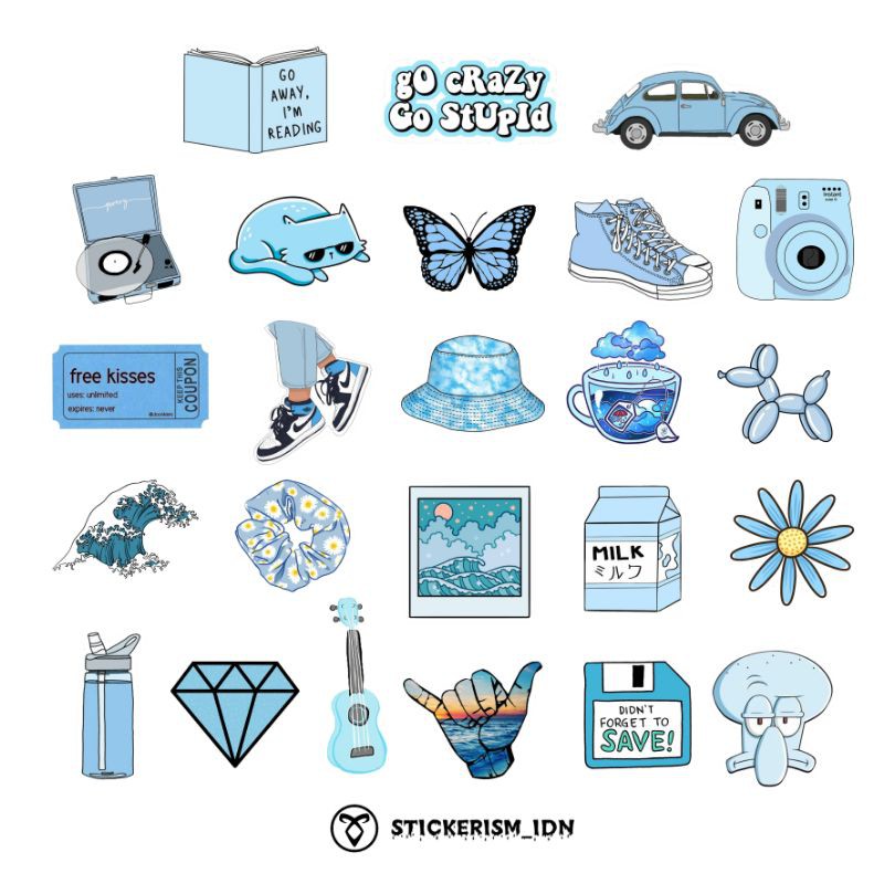 STICKER / STIKER AESTHETIC BLUE TAHAN AIR  TEMPELAN LAPTOP DAN CASING HP [ISI 24 pcs]