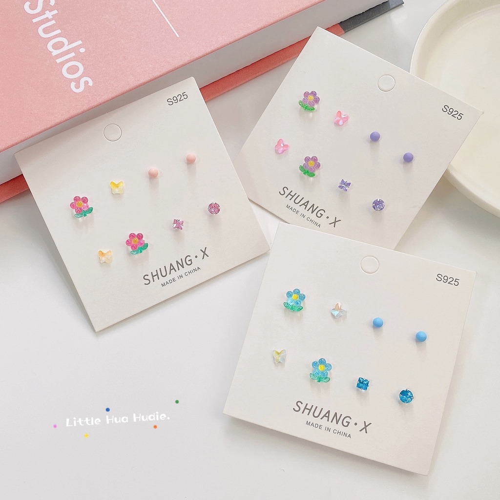 Set Anting Stud S925 Silver Bentuk Bunga Tulip Kupu-Kupu Bulat Geometris Aksen Kristal Untuk Wanita