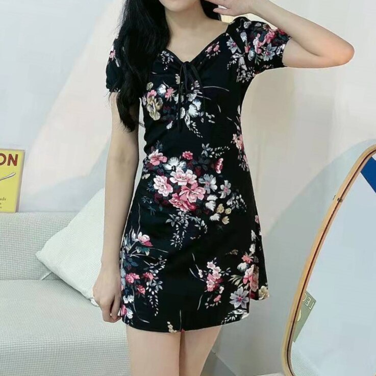 Musim Panas Lengan Pendek Renda Dress Mini Floral Gaun Kasual A-line