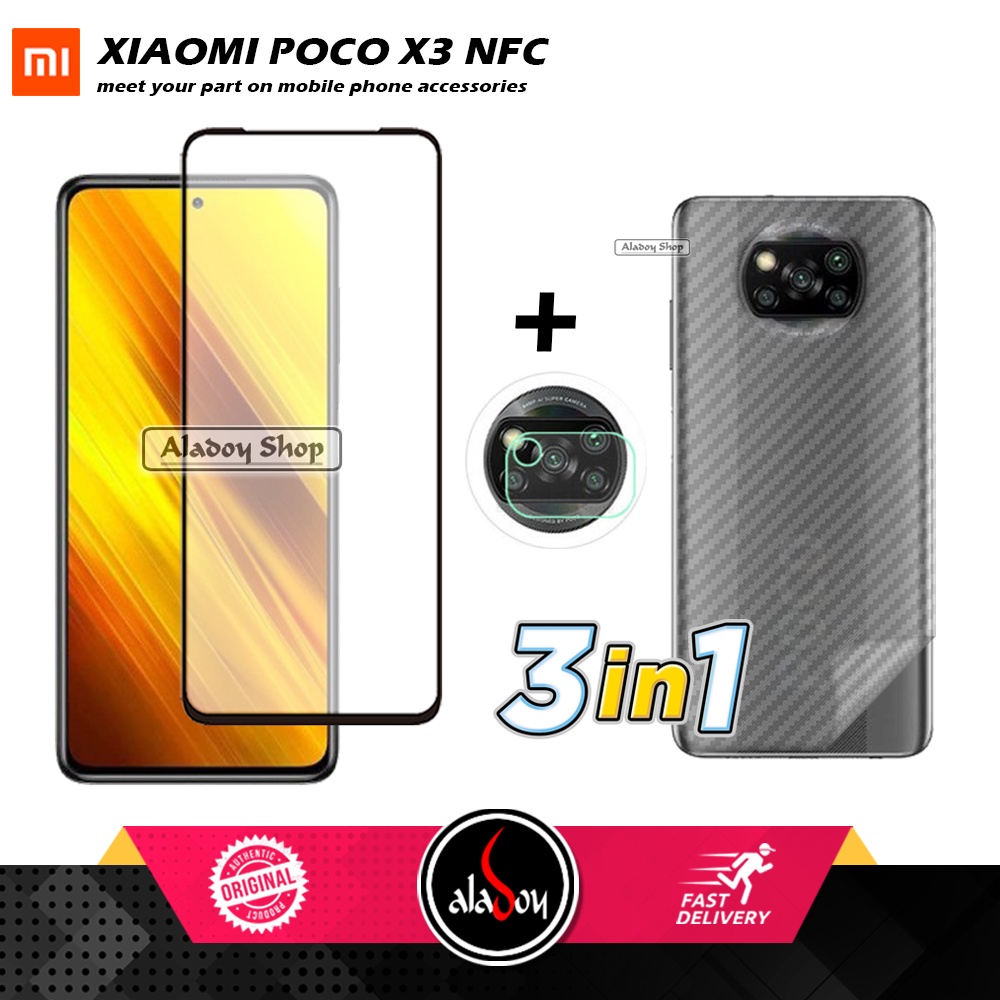 PAKET 3 IN 1 Tempered Glass Layar Xiaomi Poco X3 Nfc Free Tempered Glass Camera dan Skin Carbon