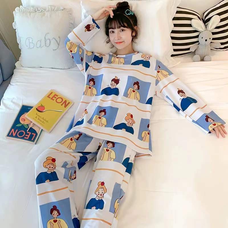 Baju Tidur Setelan Piyama Lengan Panjang Celana Panjang Set Wanita Stelan Perempuan Baju Santai Cewek Baju Rumah Hangat Fashion Korea bahan adem Import