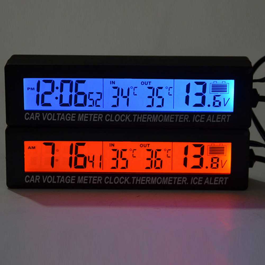 Jam Digital LCD Mobil dengan Thermometer + Battery Voltage Monitor-Hitam