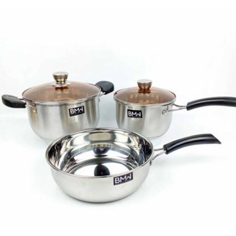 panci set stainless steel isi 3pcs /  wajan panci BMW gandalion set  stainless isi 3pcs / saucepan saucepot frypan stainless