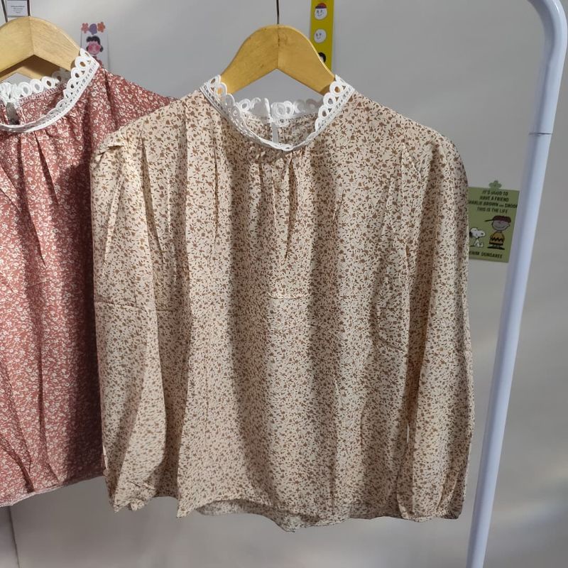 【BISA COD】Chiffon Lace Floral Blouse wanita Lengan Panjang summer atasan blus import cewek-Cream-Coklat