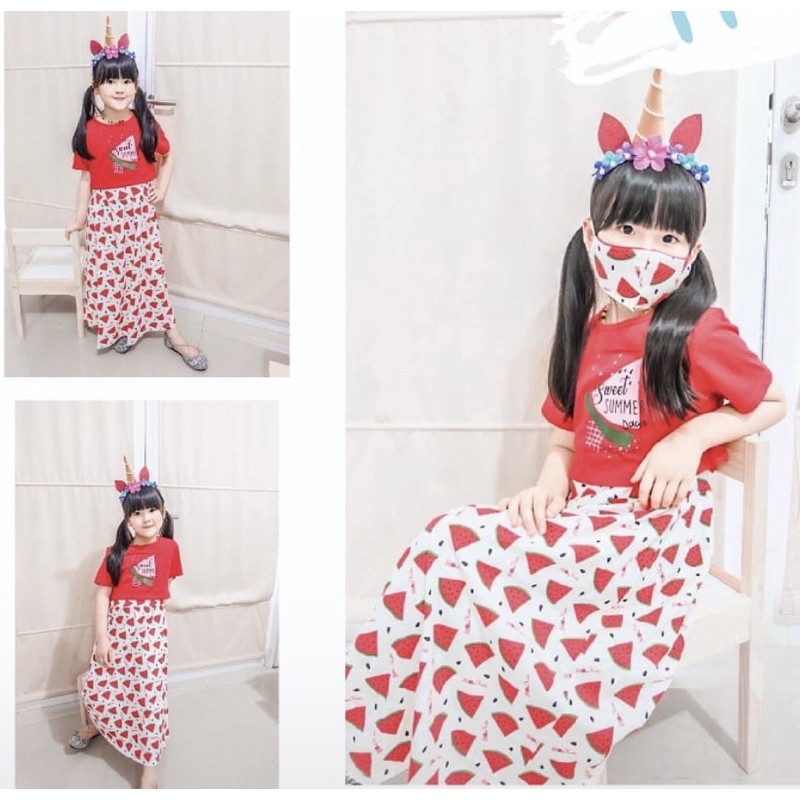 FK Set Long Dress Free Masker longdress flower kids set masker anak earloop