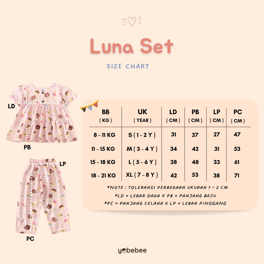 Yobebee Luna Set Setelan Rayon Anak Perempuan Usia 2 3 4 6 8 Tahun Baju Tidur Piyama Pajamas Kids Motif Karakter Premium Oneset Model Baju Harian Santai Anak Cewek