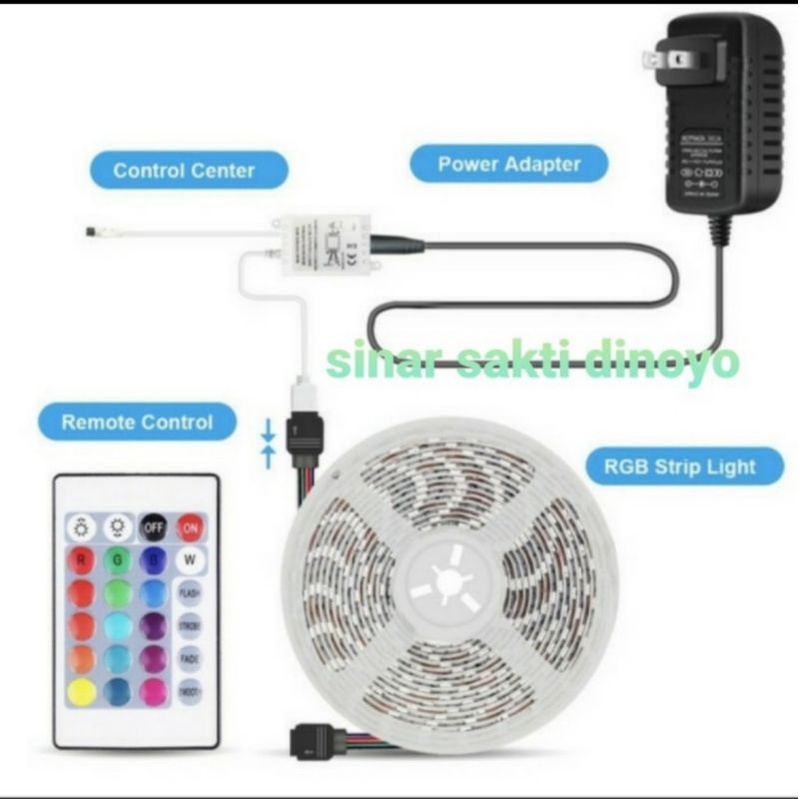 Lampu Led Strip Rgb Remote warna warni 5m 5 meter anti air adaptor