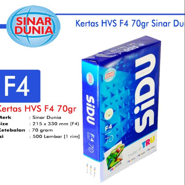 

Kertas HVS F4 70gr Sidu / Kertas F4 70gr Sinar Dunia / Kertas Fotocopy