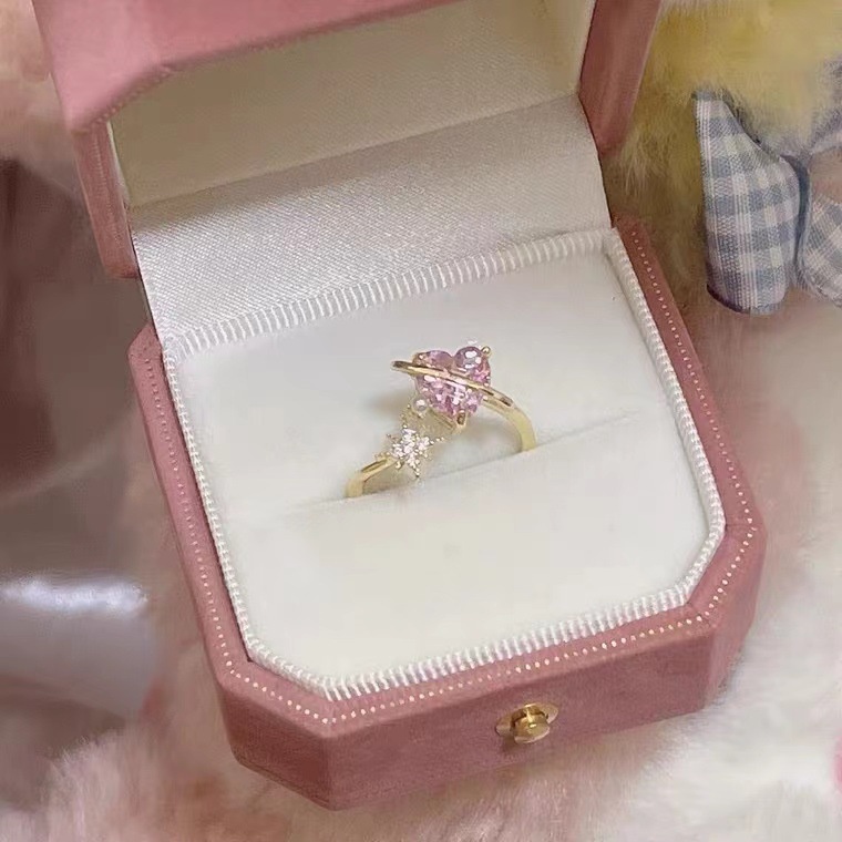 Disney Cincin Lapis Emas 18K Desain Hati Hias Cubic Zirconia Pink Ukuran Adjustable