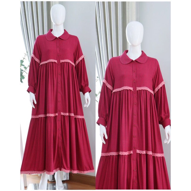 Dress kotak kotak wanita ORI by disiko syari cewe bahan viscose armani kombinasi renda m l xl flanel