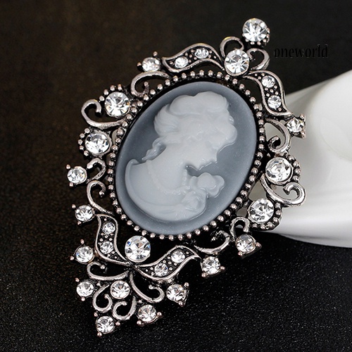 OW@ Vintage Rhinestone Bouquet Women Beauty Head Cameo Brooch Pins Jewelry Gift