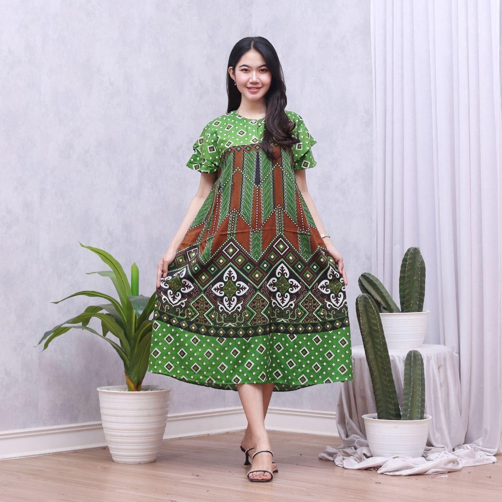 Daster Batik Lengan Pendek - Motif Daun - Leher Kancing (DPT001-133) Batik Prass-NYX HIJAU