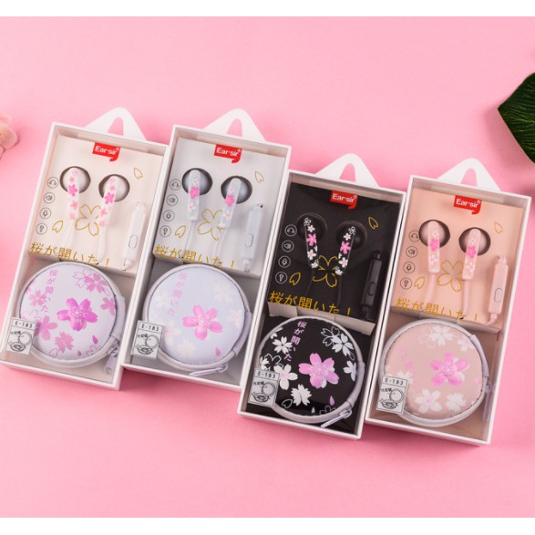 [E-183] Headset Earphone Motif SAKURA Dompet Bulat / Wadah Earphone Bulat Motif Sakura Elegan Simple