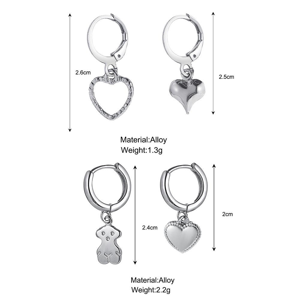 AY(CN) Set Anting Hoop Bentuk Hati Beruang Warna Silver Untuk Wanita