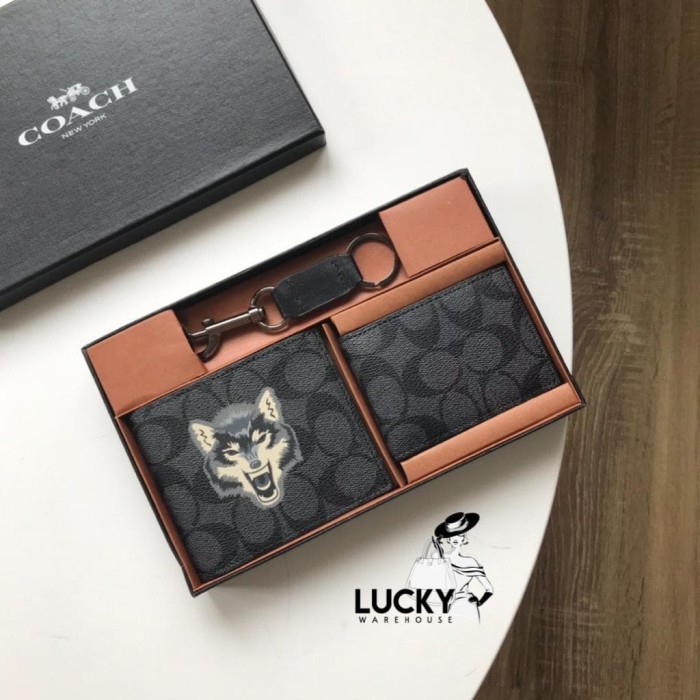 Coach Men Double Billfold Wallet In Signature Canvas With Wolf - ORI