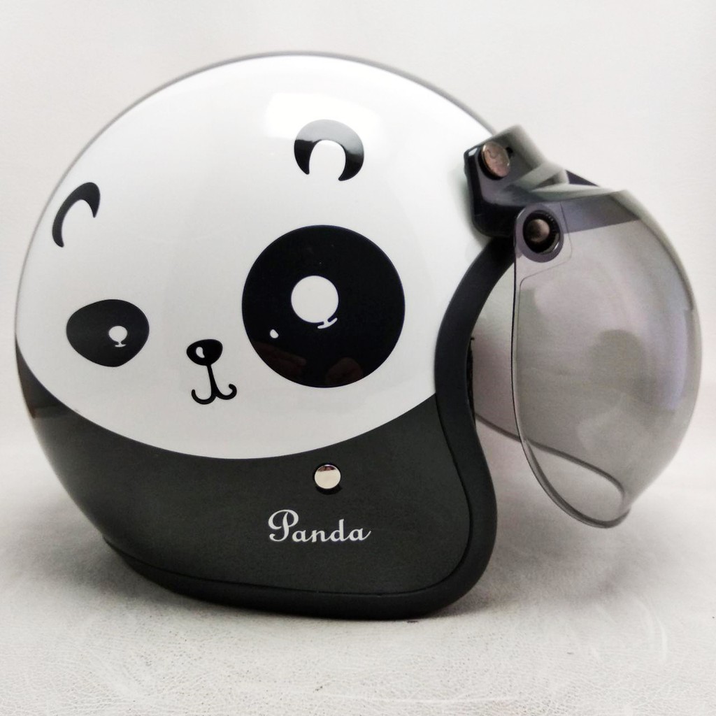 Helm Bogo Retro Kulit Motif Black Panda Klasik Kaca Bubble Halfface Helmet HBD150-2