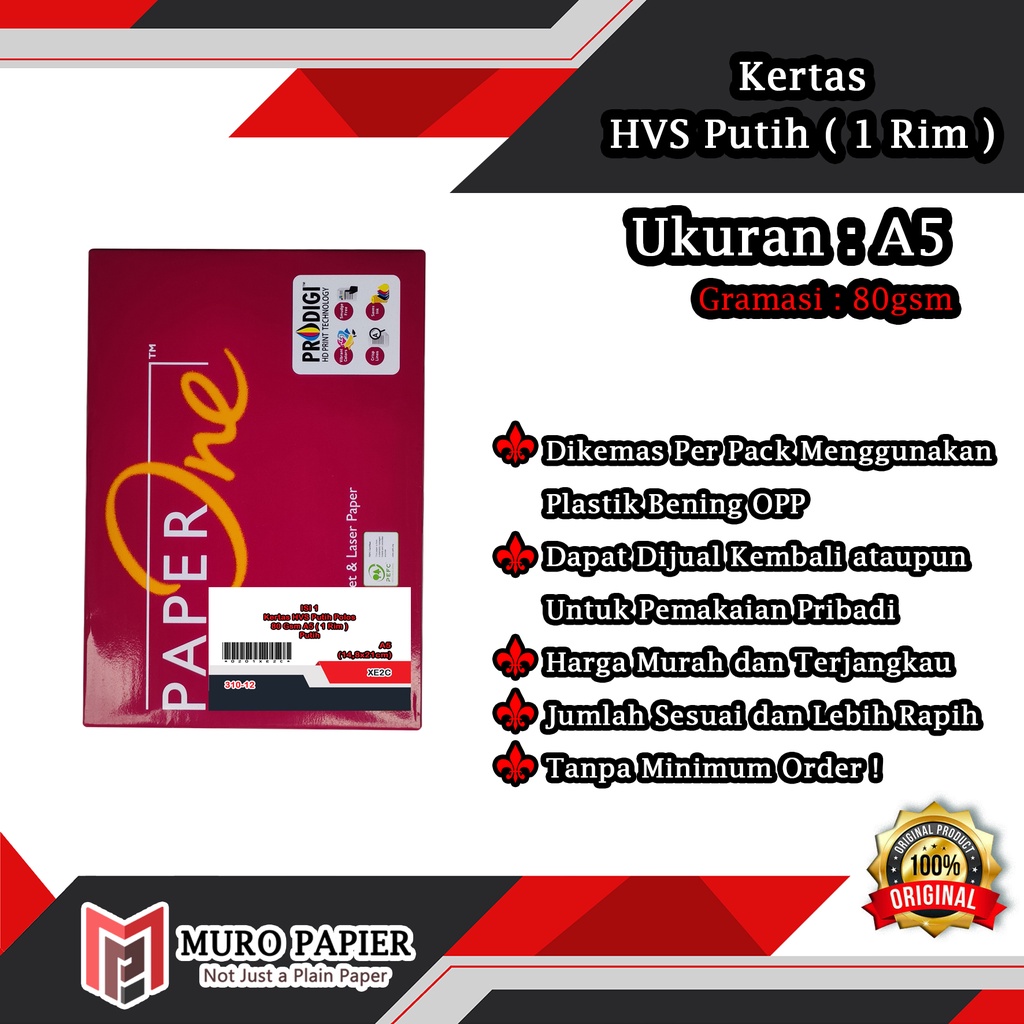 

( PER PAK - ISI 500 ) Kertas HVS Putih Polos 80 gsm A5 1 Rim by Muro Papier