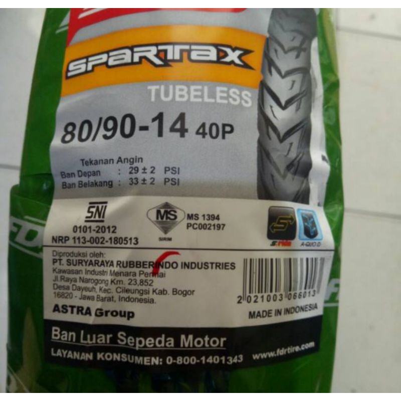 ban luar tubeless 80/90-14, 90/90-14 fdr spartax