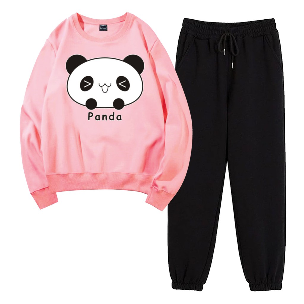 Baju Setelan Wanita Murah / Setelan Sweater + Jogger Hitam - PANDA CUTE