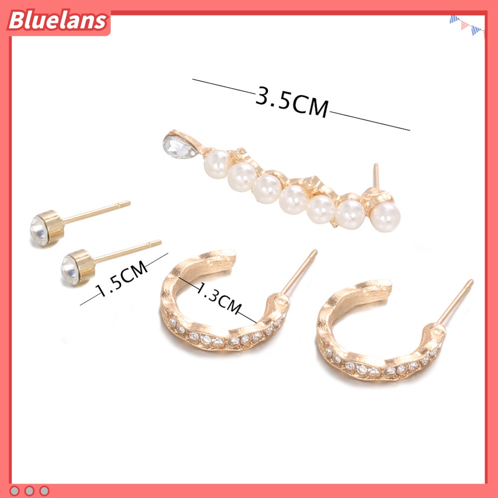 5 Pcs Anting Stud Geometris Aksen Mutiara Berlian Imitasi Untuk Wanita